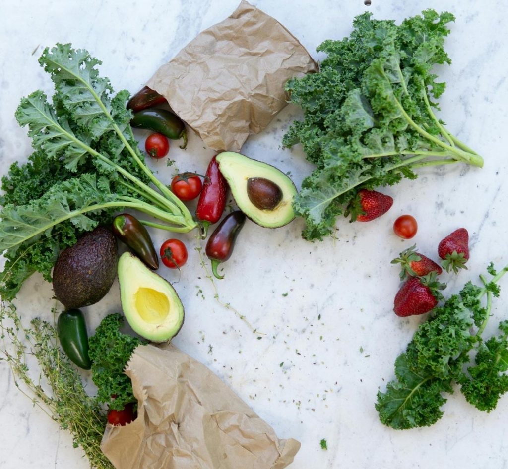eto-friendly avocado, strawberries, and herbs